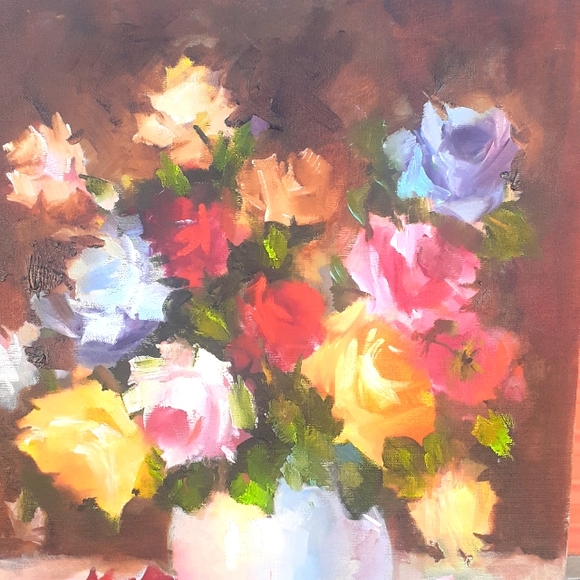 Orig Pink RED Blue Roses Floral Oil Painting ART 16x20 Romantic Lavende… - Picture 2 of 9